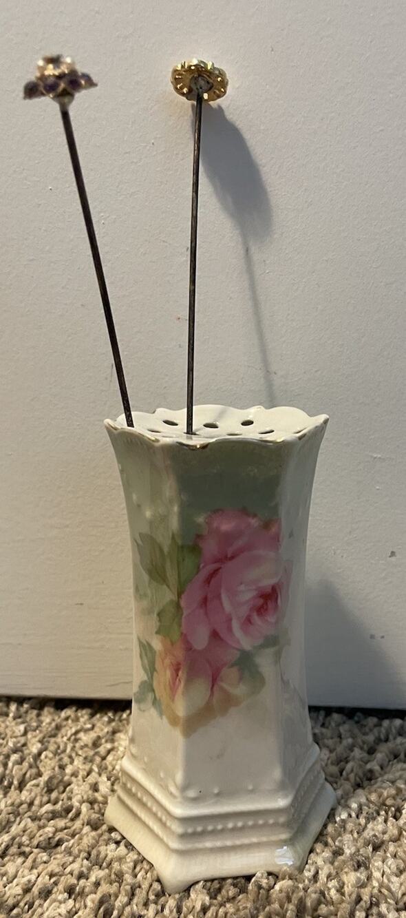 Beautiful VTG R & S Germany Floral Design Porcelain Hat Pin Holder & 2 Hat Pins